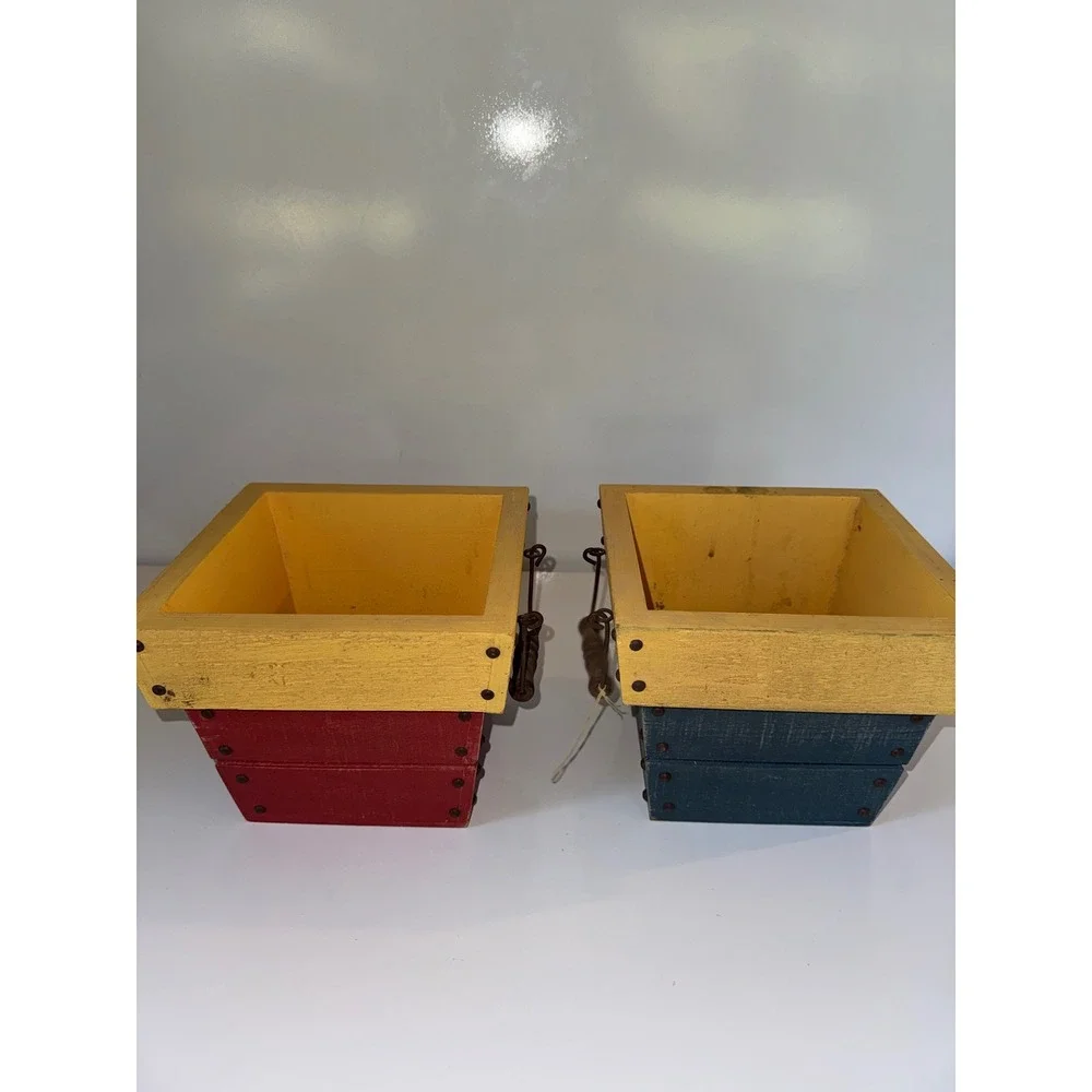 Rustic Primary Color Wooden Storage Crates Planters Red Blue Yellow Farmhouse